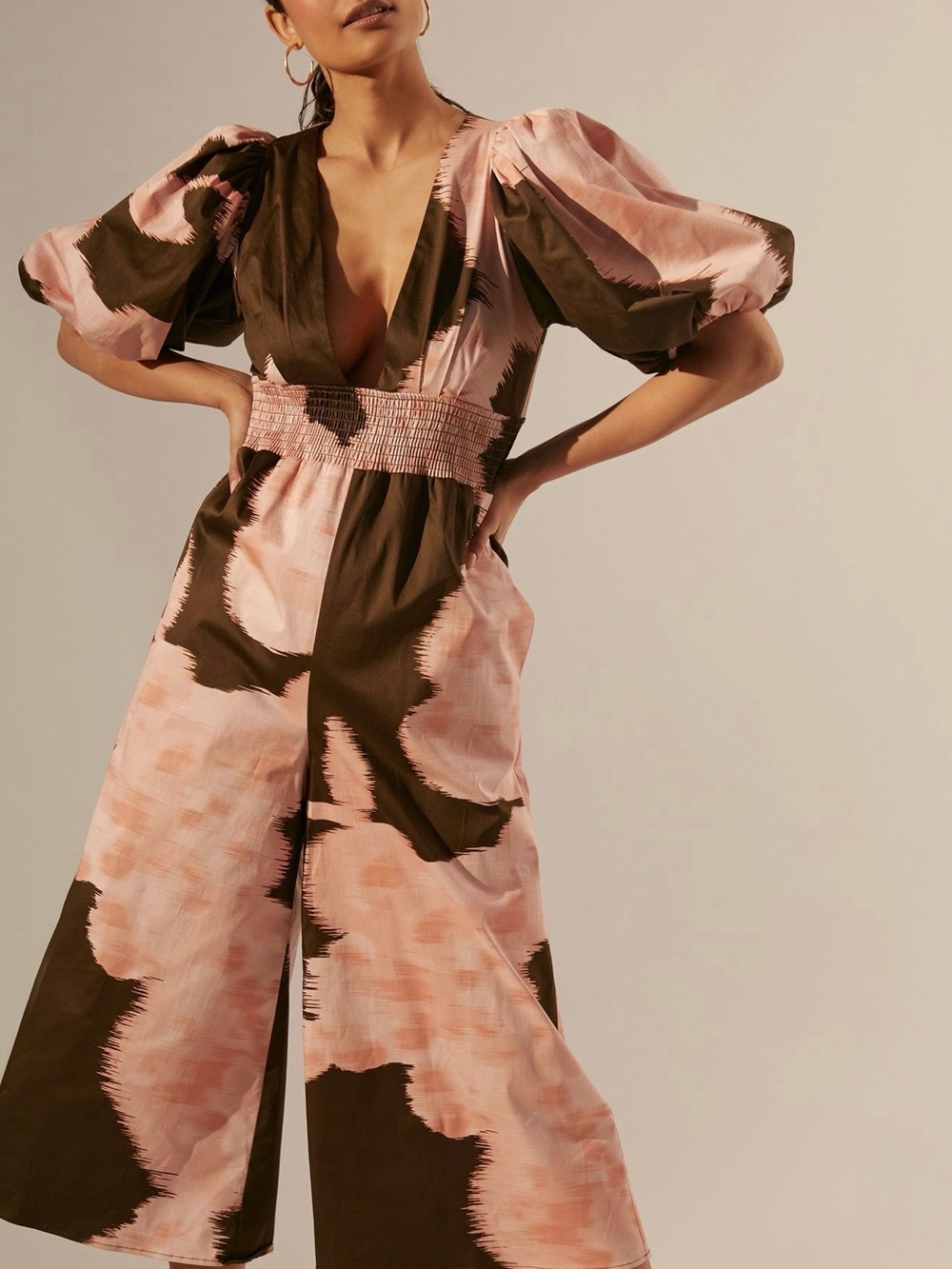 Hutch Pink & Green Deep V Puff-Sleeve Wide-Leg Jumpsuit - Picture 1 of 4